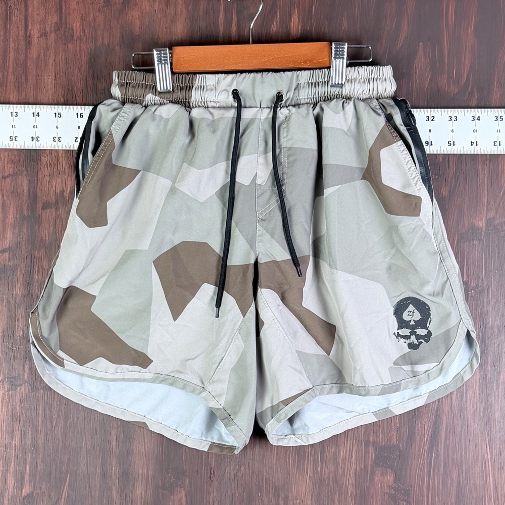 Zero Foxtrot Camo Tactical Training Shorts Men's Medium Green Tan Skull Logo Zip